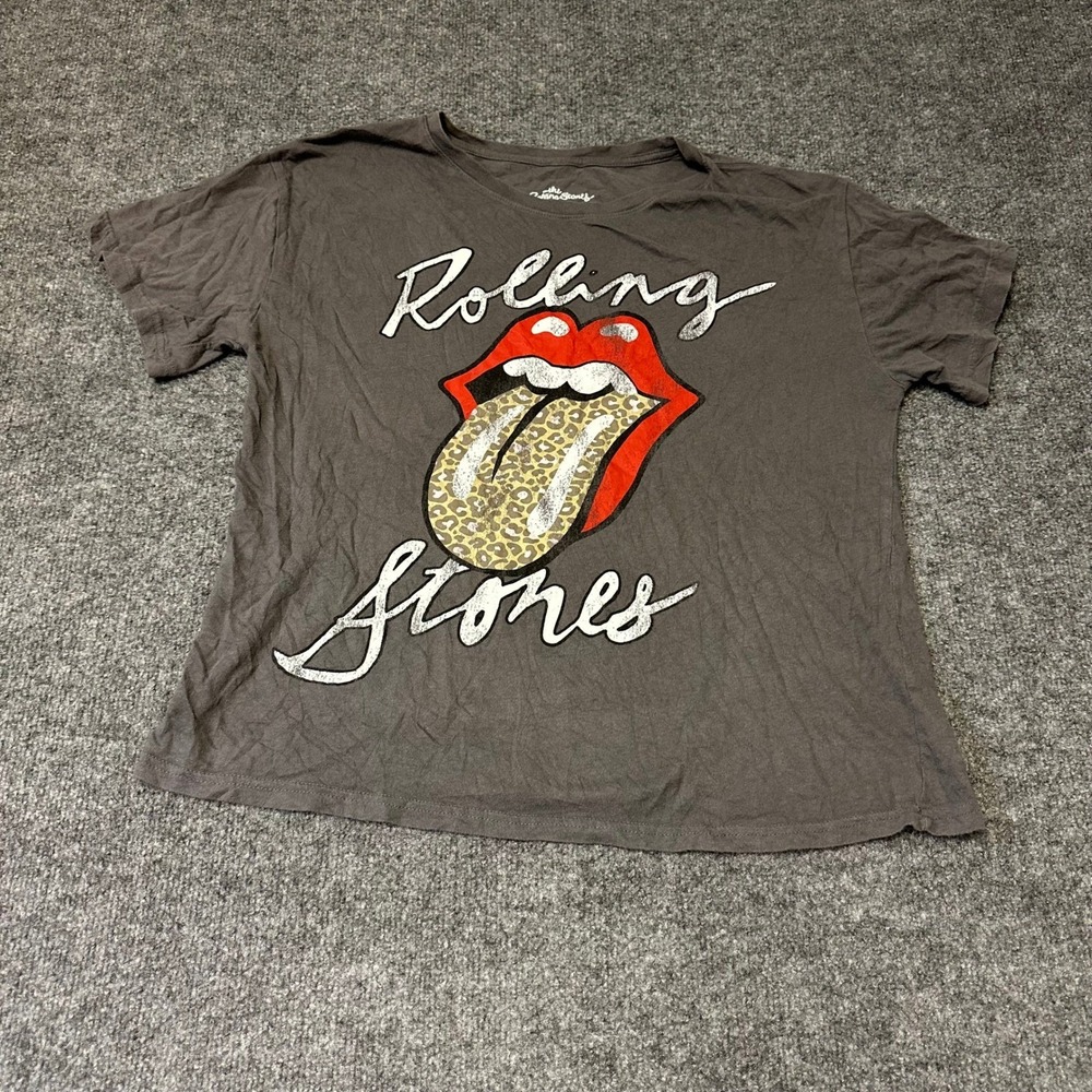 Rolling Stones T-Shirt Womens XL Gray Leopard Tongue Graphic Band Tee Cropped